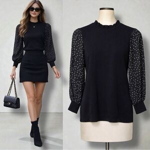 484Adrianna Papell |NWOT Black Ruffle Neck Kit Polka Dot Balloon Sleeves Top (S)